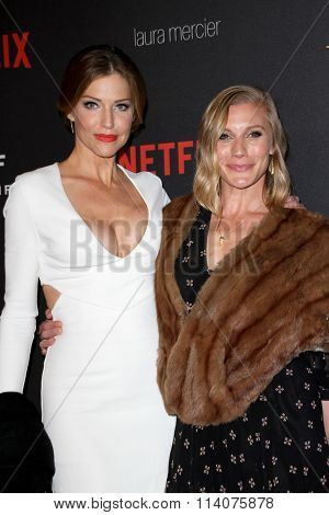 BEVERLY HILLS, CA - JAN. 10: Tricia Helfer and Katee Sachkoff arrive at the Weinstein Company & Netflix 2016 Golden Globes Party, Sunday, Jan.10, 2016 at the Beverly Hilton Hotel, Beverly Hills, CA. 