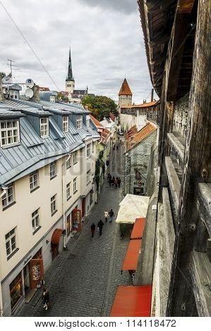 View Of St. Olaf  Cathedral And The Streets Of Old Tallinn City Wall.
