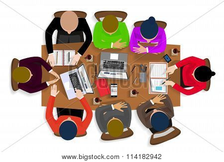 Flat style office workers business management meeting and brainstorming on the round table in top vi