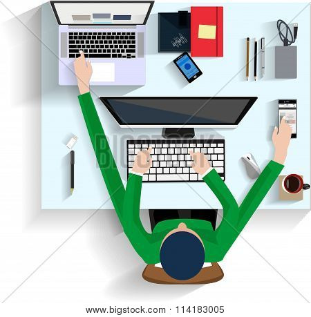 business office worker people on job at the table with laptop computer coffee icons vector il