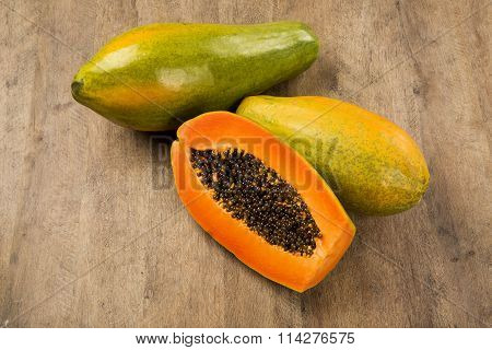 Fresh Cut Juicy Tropical Papaya Mamao Fruit With Seeds At Brazilian
