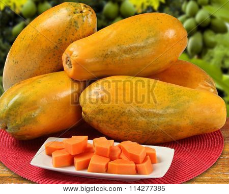 Fresh Cut Juicy Tropical Papaya Mamao Fruit With Seeds At Brazilian