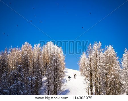 Two Men Climbing A Snow Covered Hill