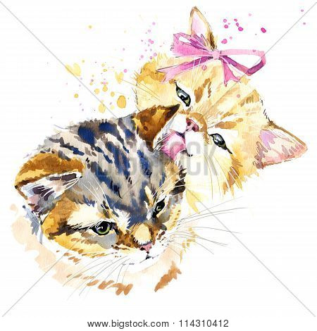 Cute cat T-shirt graphics, watercolor cat family illustration with splash watercolor textured backgr
