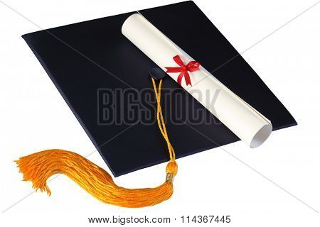 Graduation cap and diploma isolated on white background
