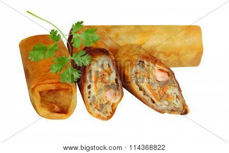 Fried eggrolls and cilantro isolated on white