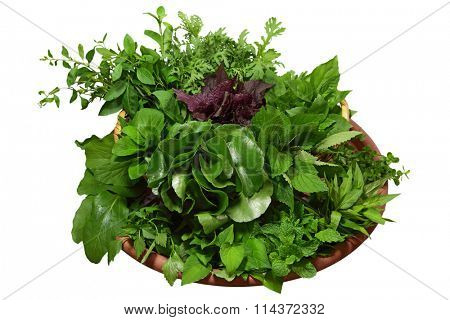 Homegrown herbs, vegetable isolated on white background