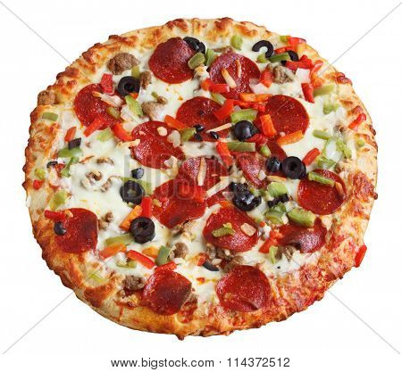 Whole baked pizza isolated on white background