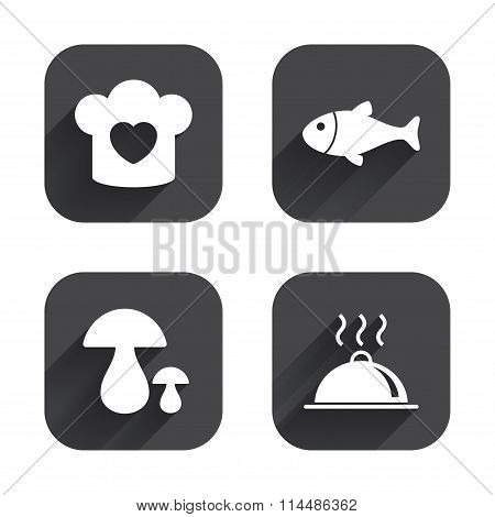 Chief hat, cooking pan icons. Fish and mushrooms