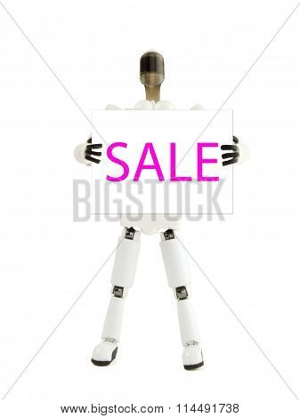 The Robot Holds The Poster With An Inscription Sale