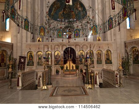 Sychar, Israel, July 11, 2015.: The Interior Of The Church In Sychar  With The Image Of Jesus With T
