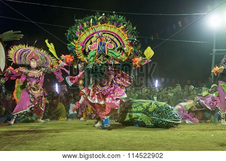 Chhau Dance, Indian Tribal Martial Dance At Night In Village