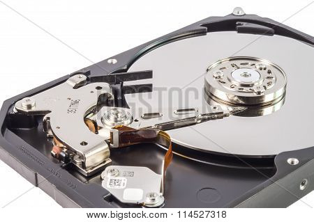 Close Up Inside Of Harddisk On White Background