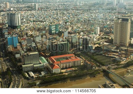 HO CHI MINH CITY, VIETNAM - JAN 16, 2016: Top view of Ho Chi Minh City from Bitexco Financial Tower, 68 floors (and 3 underground) area 100,000 square metr, is the third tallest building in Vietnam.