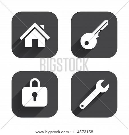 Home key icon. Wrench service tool symbol.