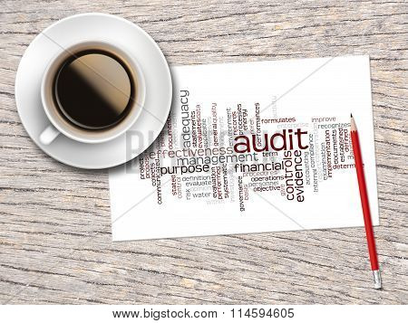 Coffee, Pencil And A Note Contain Word Clouds Of Audit And Its Related Words