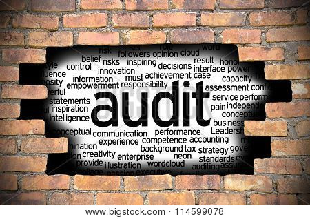 Hole At The Brick Wall With Audit Word Cloud Inside