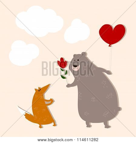 Hand drawn bear in love with a fox.