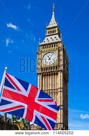 Big Ben and British flag against of blue sky. Illustration