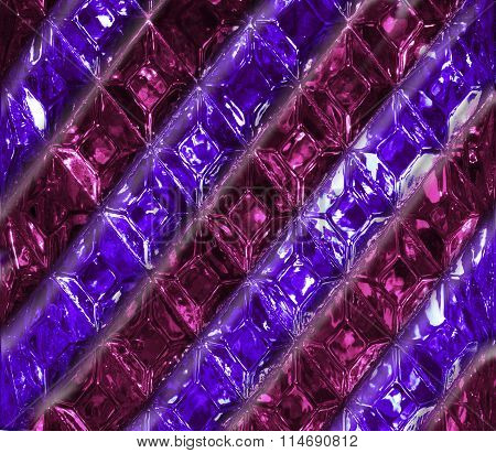 Pink purple glass texture with a pattern of rhombuses. Clear glass diamond shape. Crystals. Closeup