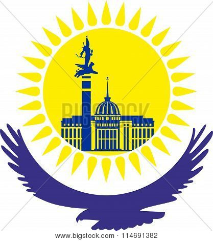 Kazakhstan. The eagle, under the yellow sun. The sun with the main buildings of the capital, vector.