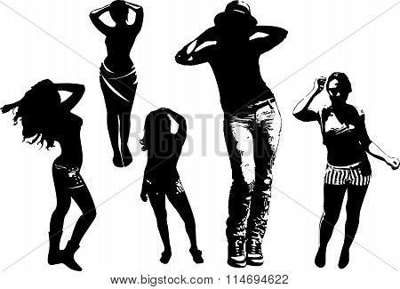 Vector set of black silhouettes of girls in various poses of movement, dance, standing in full growt
