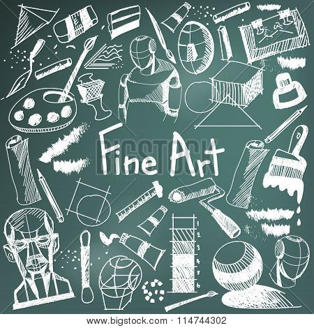 Fine Art Equipment And Stationary Handwriting Doodle And Tool Model Icon In Blackboard Background Us