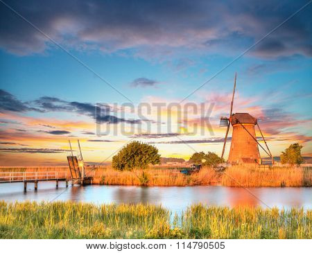 Windmills and water canal in Kinderdijk, Netherlands