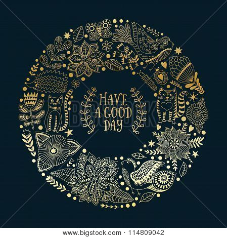 Wreath illustration made of flowers and herbs