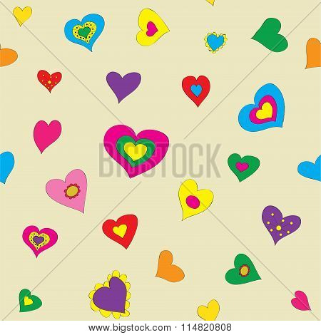 Vector seamless pattern background with bright hearts.