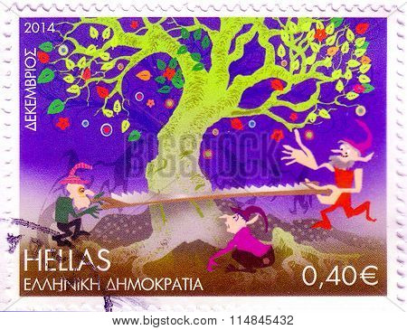 Greece - Circa 2014: A Stamp Printed In Greece, Shows Tree And Persons Sawing In By A Saw, Circa 201