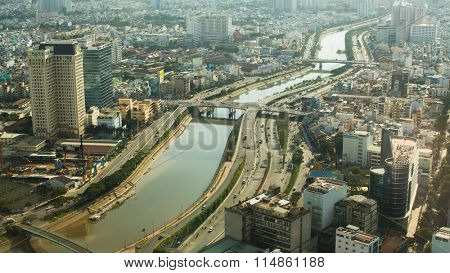 HO CHI MINH, VIETNAM - JAN 16, 2016: Top view of Ho Chi Minh City from Bitexco Financial Tower, 68 floors (and 3 underground) area 100,000 square meters, is the third tallest building in Vietnam.