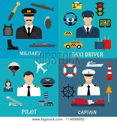Military, captain, pilot and taxi driver icons