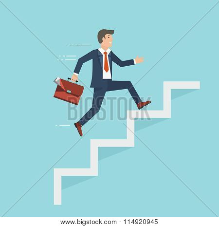 Businessman With Suitcase Climbing The Stairs Of Success. Flat S