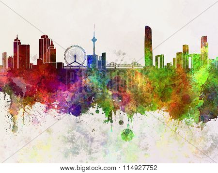 Tianjin Skyline In Watercolor Background