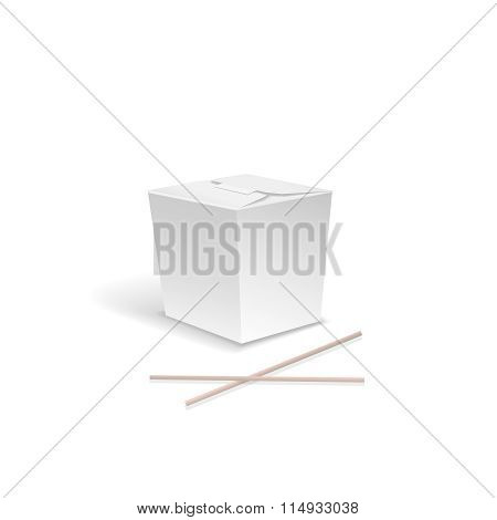 White Food box, Container for fast Chinese food, take out noodle box with chopsticks. asian lunch