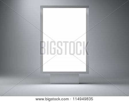 Silver lightbox in the empty studio. Front view. Gray wall background. 3d render