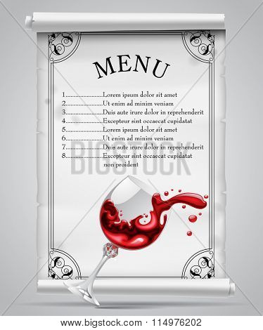 Menu template on white parchment sheet with decorative frame and falling wineglass. Vector illustration