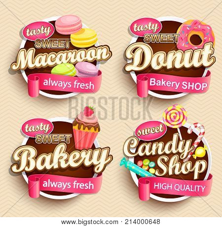 Set of Food Labels or Stickers - macaroon, donut, bakery, candy shop - Design Template. Vector illustration.