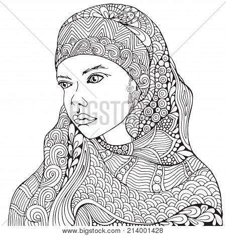 Arabic Muslim Woman. Hijab. Coloring Book Page For Adult. Black And White. Doodle, Zentangle Style.