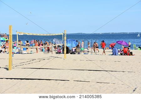 NEW LONDON, CT - AUG 13: Ocean Beach in New London, Connecticut, as seen on Aug 13, 2017. It offers a spectacular view, rides, waterslides, a mini golf course, and an arcade with retro games.