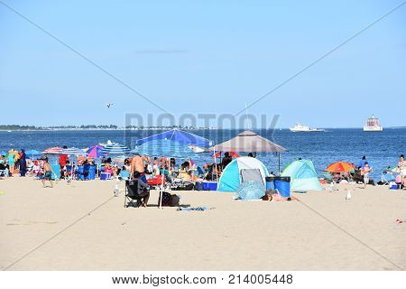 NEW LONDON, CT - AUG 13: Ocean Beach in New London, Connecticut, as seen on Aug 13, 2017. It offers a spectacular view, rides, waterslides, a mini golf course, and an arcade with retro games.
