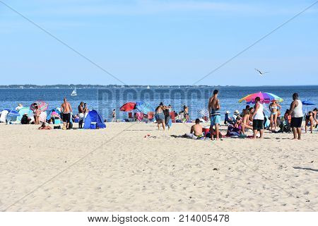 NEW LONDON, CT - AUG 13: Ocean Beach in New London, Connecticut, as seen on Aug 13, 2017. It offers a spectacular view, rides, waterslides, a mini golf course, and an arcade with retro games.