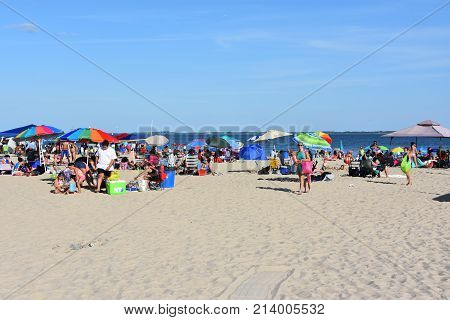 NEW LONDON, CT - AUG 13: Ocean Beach in New London, Connecticut, as seen on Aug 13, 2017. It offers a spectacular view, rides, waterslides, a mini golf course, and an arcade with retro games.