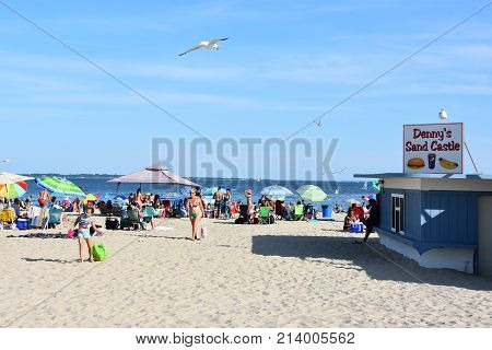 NEW LONDON, CT - AUG 13: Ocean Beach in New London, Connecticut, as seen on Aug 13, 2017. It offers a spectacular view, rides, waterslides, a mini golf course, and an arcade with retro games.