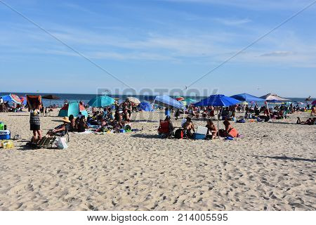 NEW LONDON, CT - AUG 13: Ocean Beach in New London, Connecticut, as seen on Aug 13, 2017. It offers a spectacular view, rides, waterslides, a mini golf course, and an arcade with retro games.