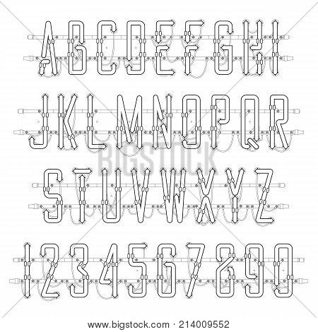 White Neon Casual Script Font with uppercase letters from A to Z and digits from 0 to 9 with wires tubes brackets and holders black strokes isolated on white background. Vector illustration.