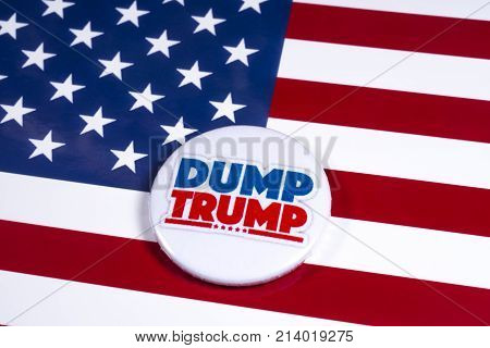 LONDON UK - NOVEMBER 15TH 2017: Anti-Tump badge over an American flag background on 15th November 2017.