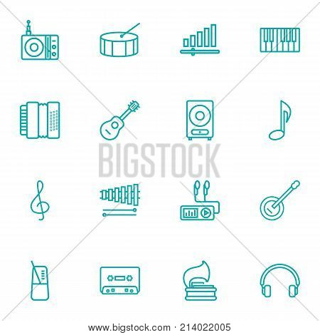 Collection Of Station, Turntable, Wooden Block And Other Elements.  Set Of 16 Song Outline Icons Set.