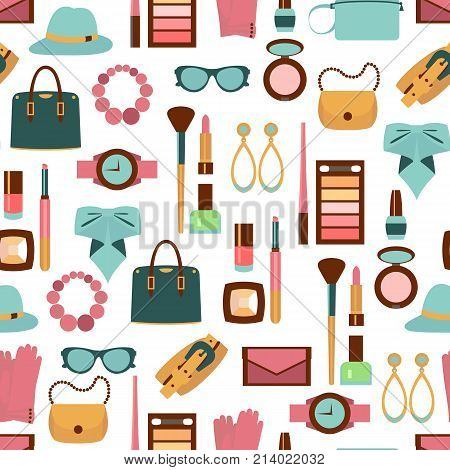Vector color seamless pattern of women accessories and cosmetics